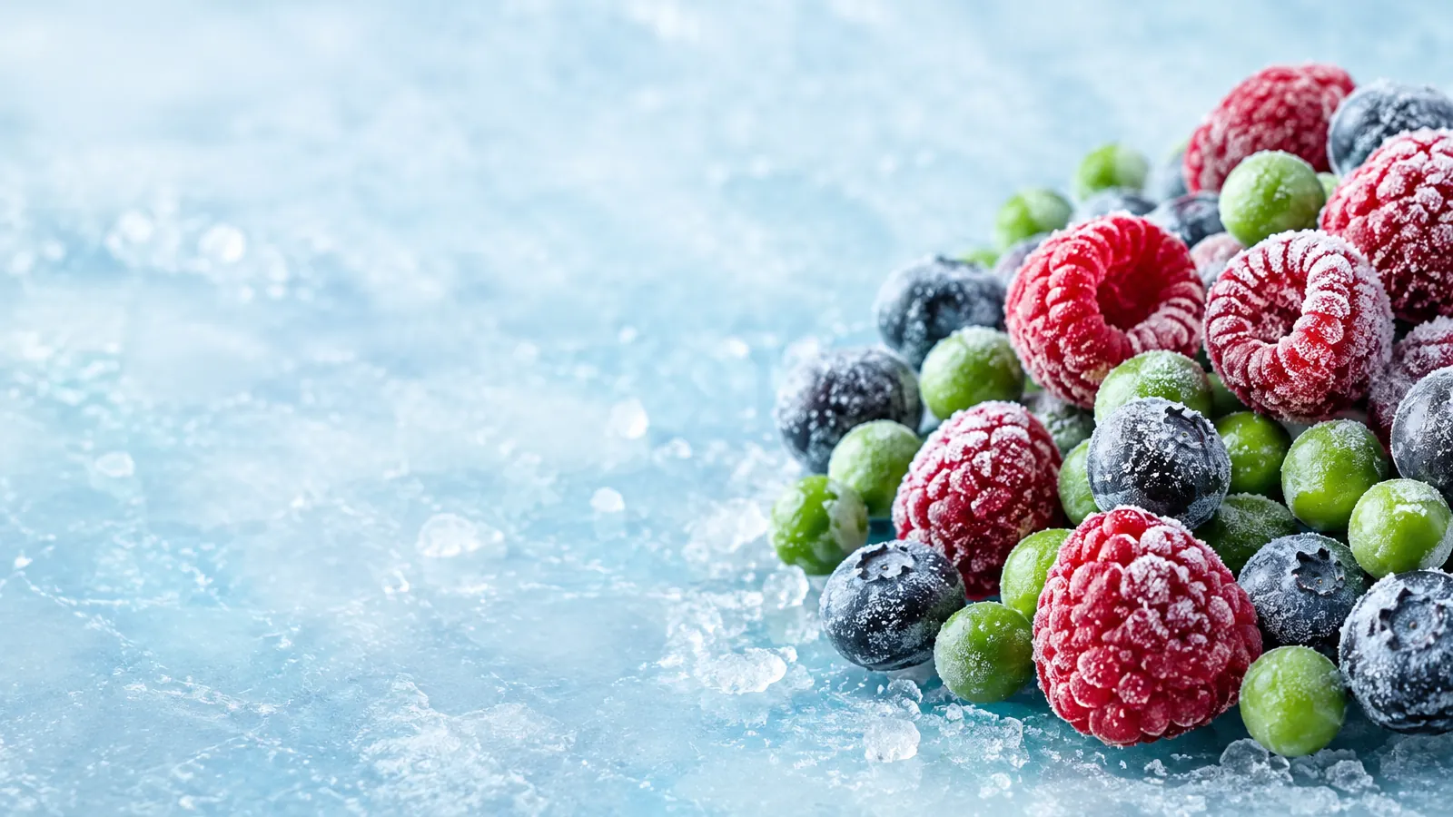 Fruits rouges, myrtilles et petits pois surgelés couverts de givre